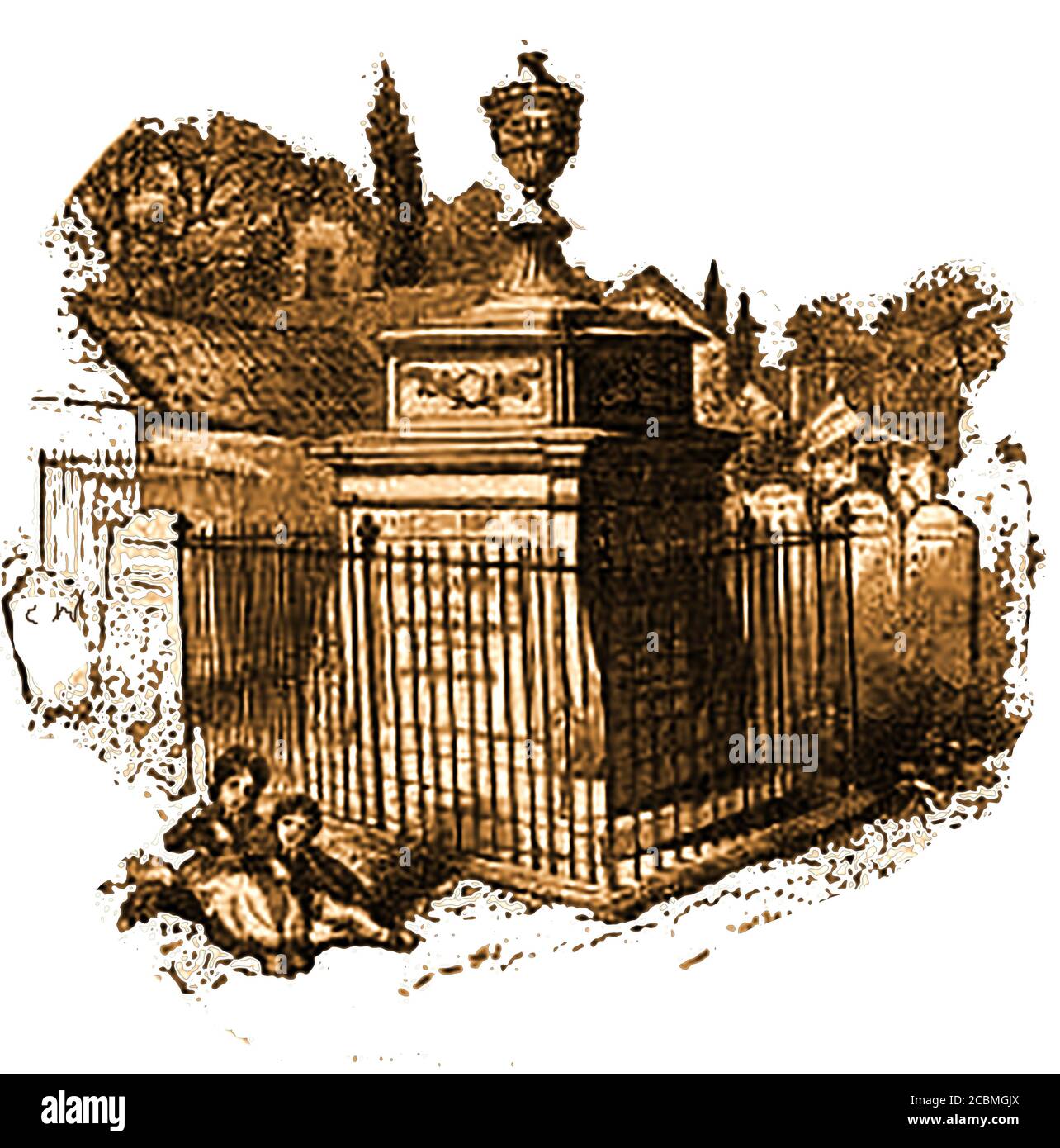 William Hogarth - sein Grab in Chiswick (St. Nicholas) Kirchhof, wie es in 1852 war. Hogarth starb am 25. Oktober 1764 im Alter von 66 Jahren.Grab, das 2010 restauriert wurde und eine Tafel mit einem Epitaph zu Hogarth enthält, komponiert von seinem Freund, dem Schauspieler David Garrick. Hogarth war ein angesehener Künstler, Kupferstecher, Karikaturist und Druckgrafiker, der für seine satirischen Werke gut in Erinnerung ist. Er war Schirmherr vieler Wohltätigkeitsorganisationen und er und seine Frau förderten die Kinder der Findling, als Förderer des Foundling Hospital in London. Das Paar hatte keine eigenen Kinder. Stockfoto