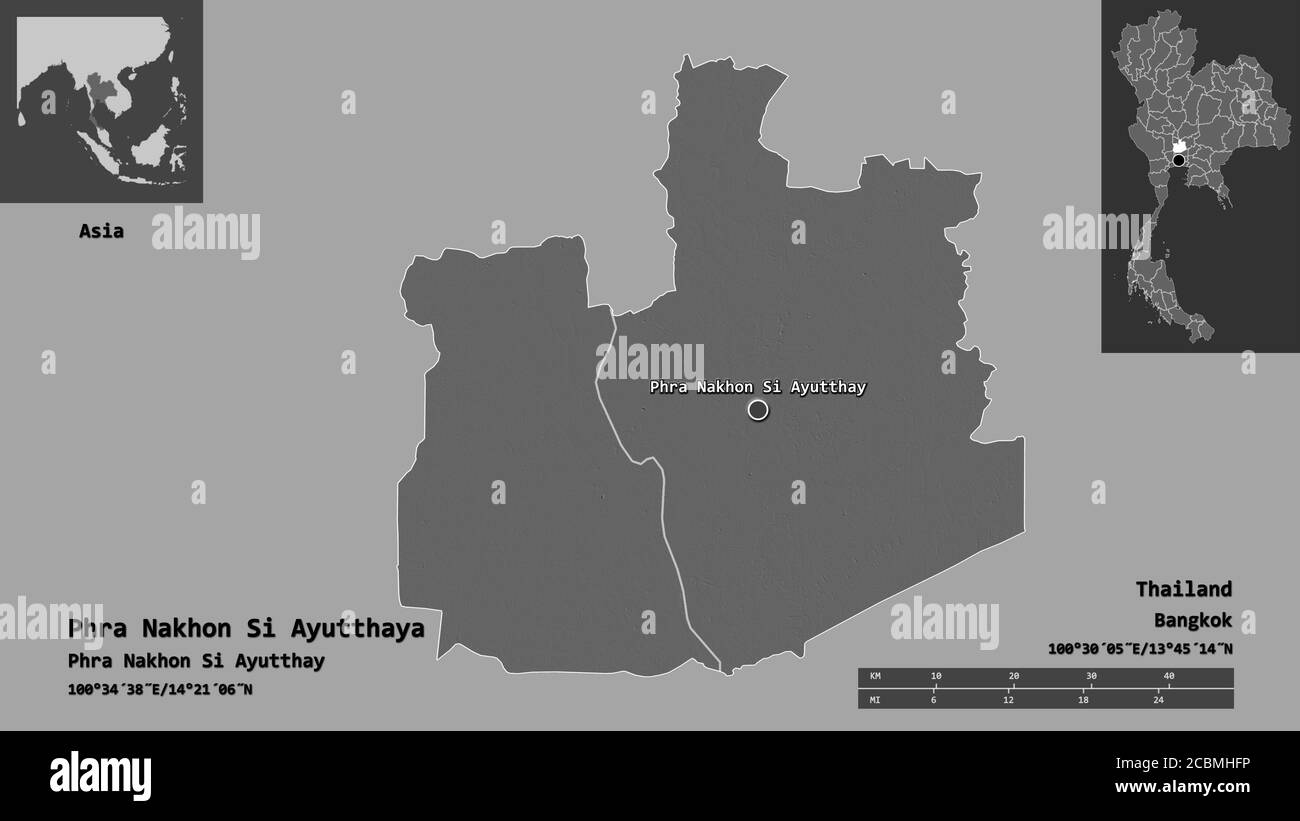 Form von Phra Nakhon Si Ayutthaya, Provinz Thailand, und seine Hauptstadt. Entfernungsskala, Vorschauen und Beschriftungen. Höhenkarte mit zwei Ebenen. 3D-Rendering Stockfoto