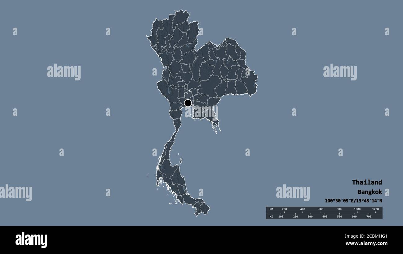 Entsättigte Form von Thailand mit seiner Hauptstadt, der wichtigsten regionalen Teilung und der abgetrennten Phra Nakhon Si Ayutthaya Bereich. Beschriftungen. Farbige Höhenkarte. Stockfoto