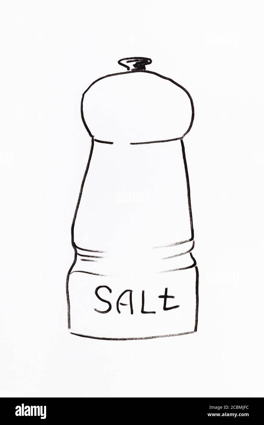 Skizze des Salzstreuers von Hand gezeichnet mit schwarzem Filzstift auf Whitepaper Stockfoto