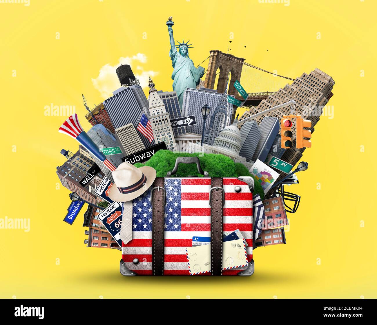 Koffer mit amerikanischer Flagge auf dem Hintergrund von USA-Wahrzeichen Stockfoto