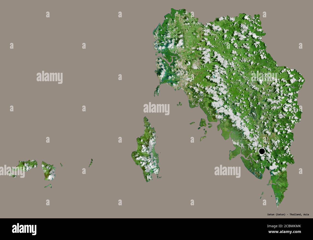 Form von Satun, Provinz Thailand, mit seiner Hauptstadt isoliert auf einem einfarbigen Hintergrund. Satellitenbilder. 3D-Rendering Stockfoto