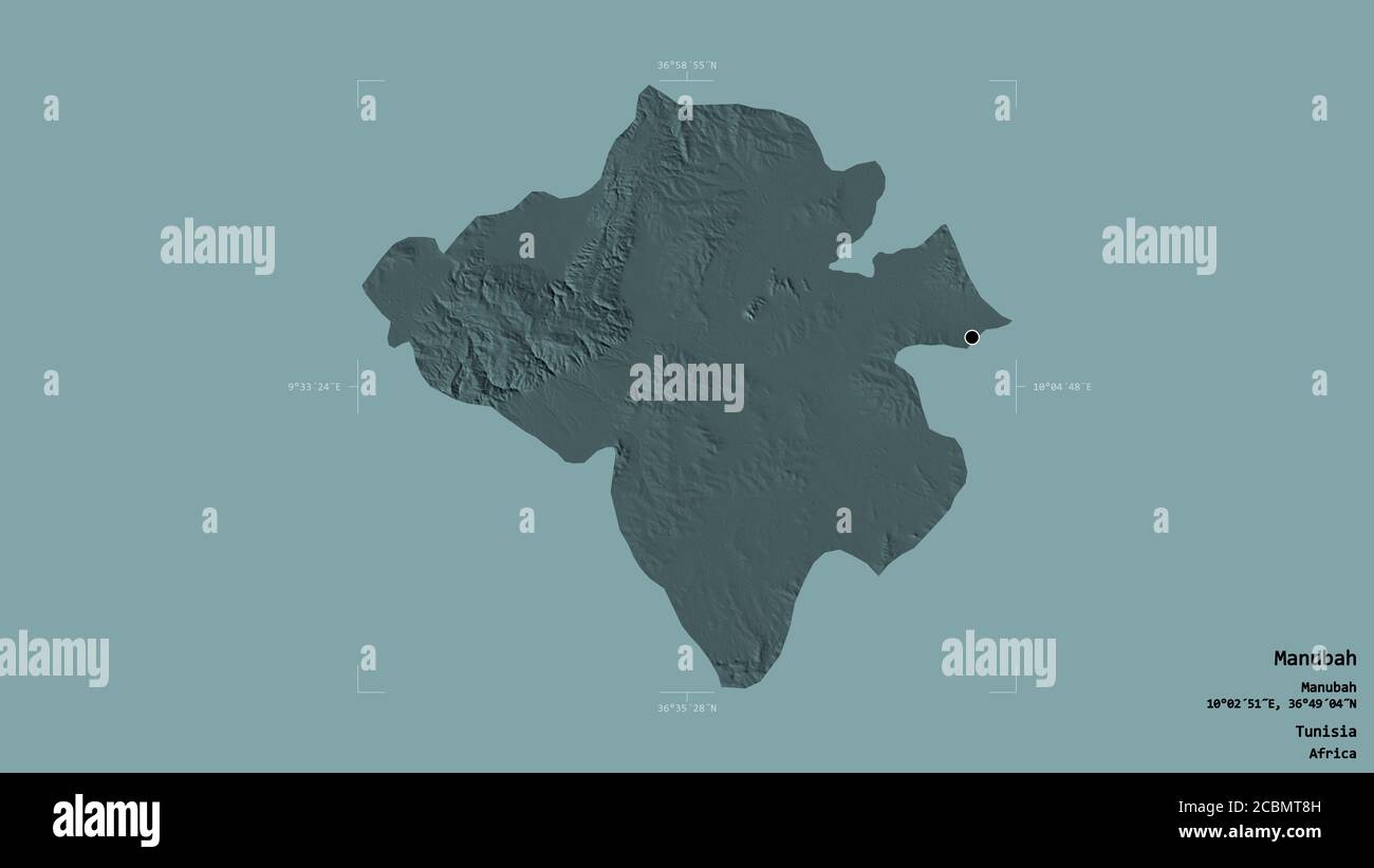 Gebiet von Manubah, Gouvernement von Tunesien, isoliert auf einem soliden Hintergrund in einem georeferenzierten Begrenzungsrahmen. Beschriftungen. Farbige Höhenkarte. 3D-Rendering Stockfoto