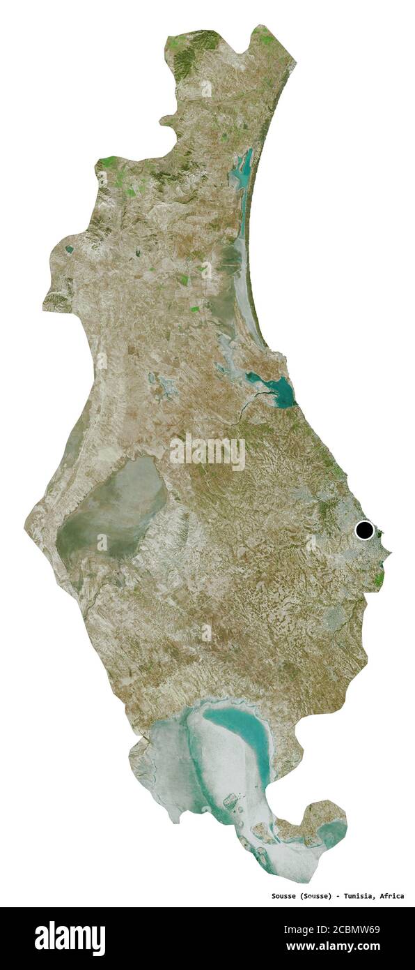 Form von Sousse, Gouvernement von Tunesien, mit seiner Hauptstadt isoliert auf weißem Hintergrund. Satellitenbilder. 3D-Rendering Stockfoto