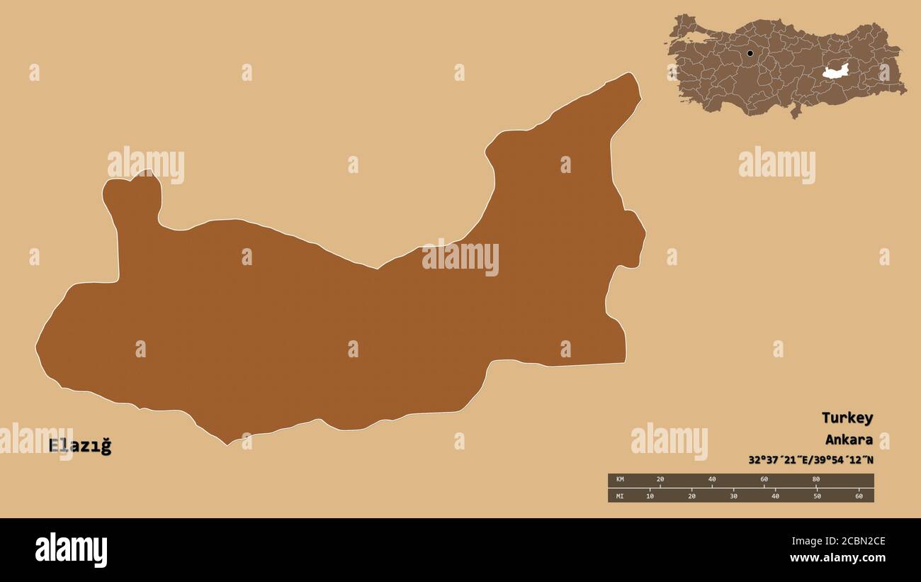 Form von Elazığ, Provinz der Türkei, mit seiner Hauptstadt auf festem Hintergrund isoliert. Entfernungsskala, Regionenvorschau und Beschriftungen. Zusammensetzung des Musteres Stockfoto