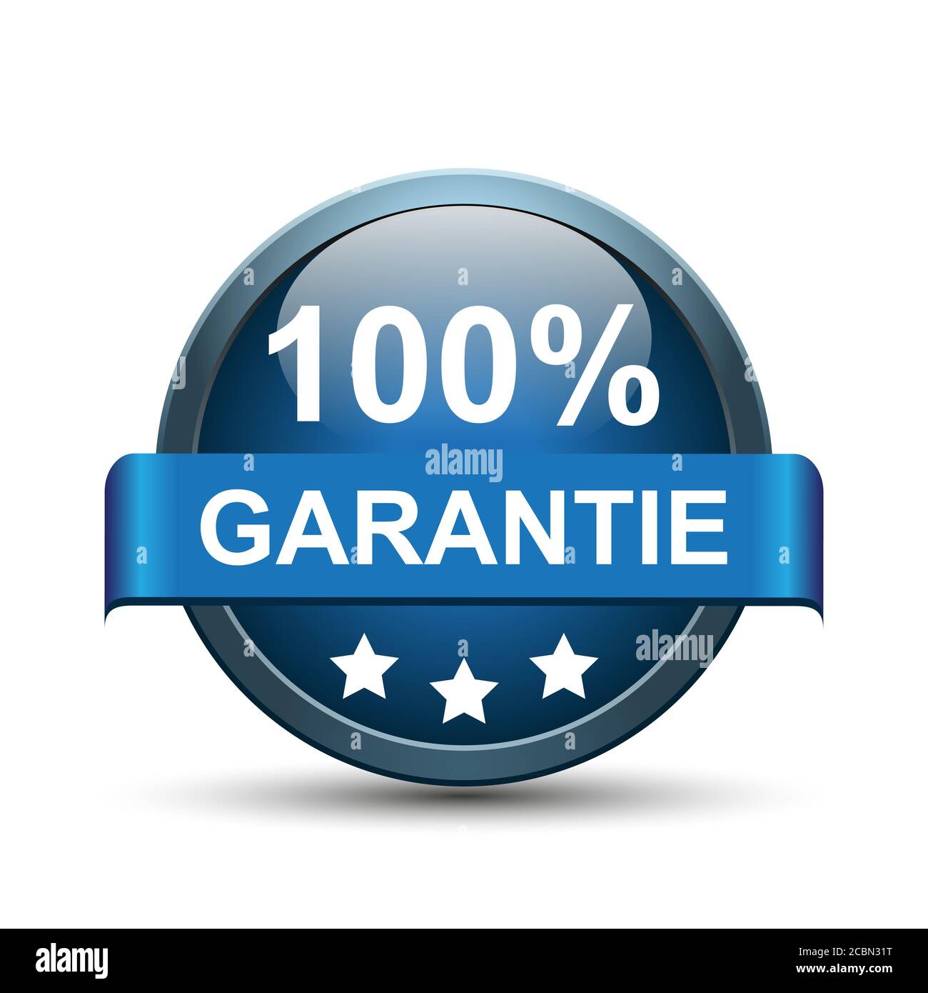 Illustration eines blauen runden '100% GARANTIE - GARANTIE'-Zeichens Isoliert auf weißem Hintergrund Stockfoto