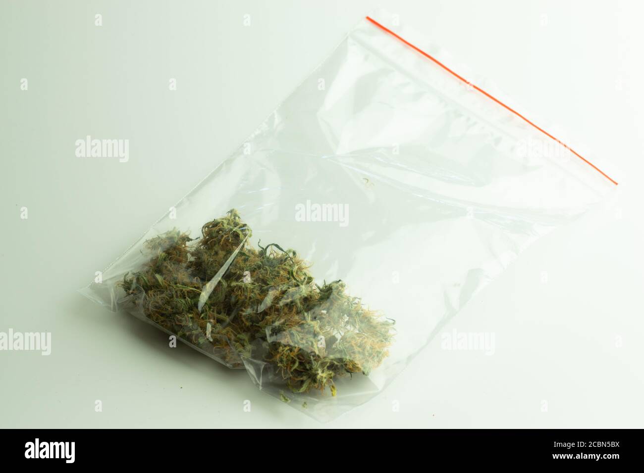 Straße Drogen Marihuana Knospen in Reißverschluss auf weißem Hintergrund. Illegales Cannabisgeschäft Stockfoto