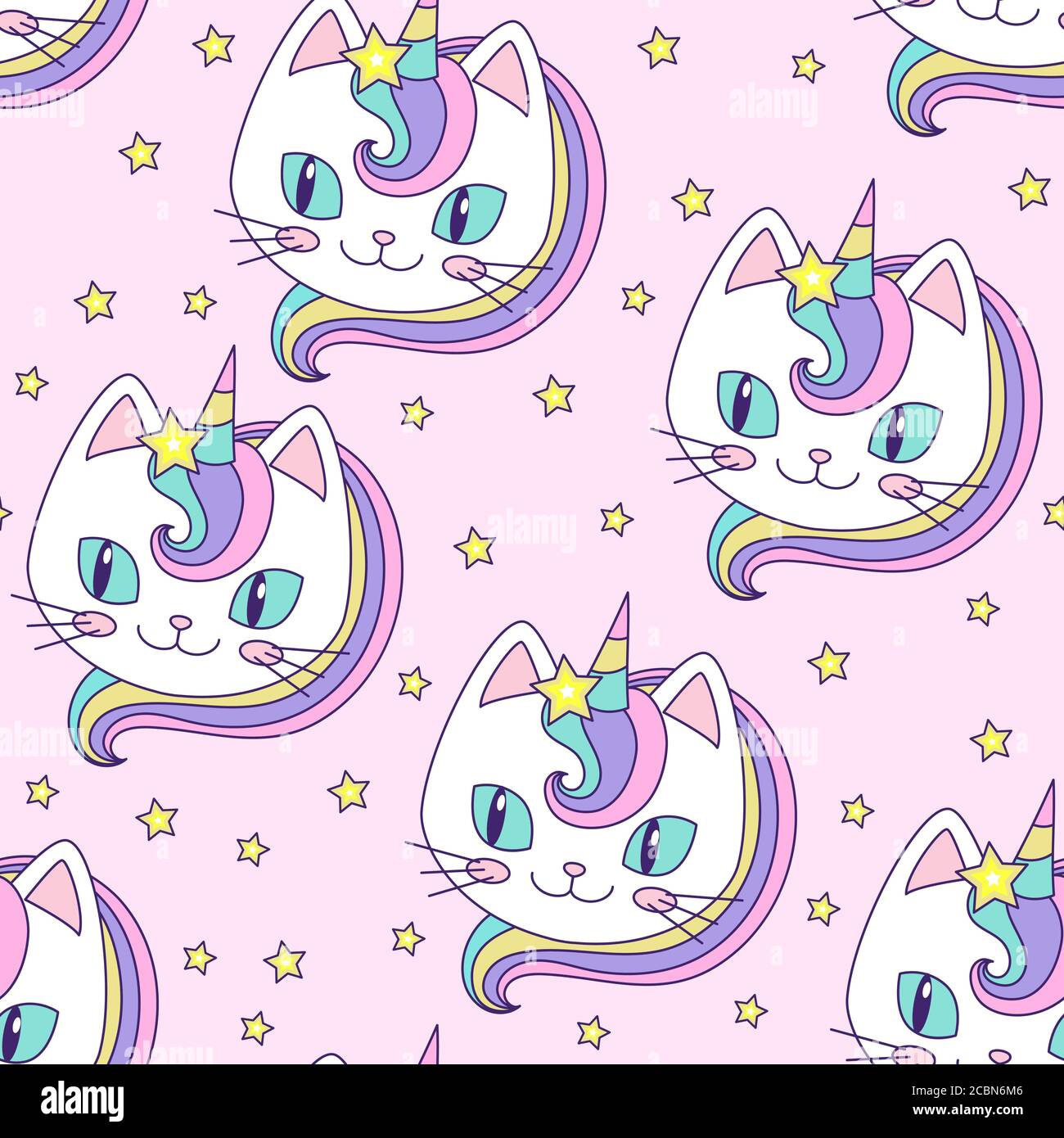 Nahtloses Muster. Regenbogen Katzen Einhörner auf einem rosa Hintergrund. Für Kinder Design von Stoffen, Tapeten, Hintergründe, Geschenkpapier, und mehr. Vektor Stock Vektor