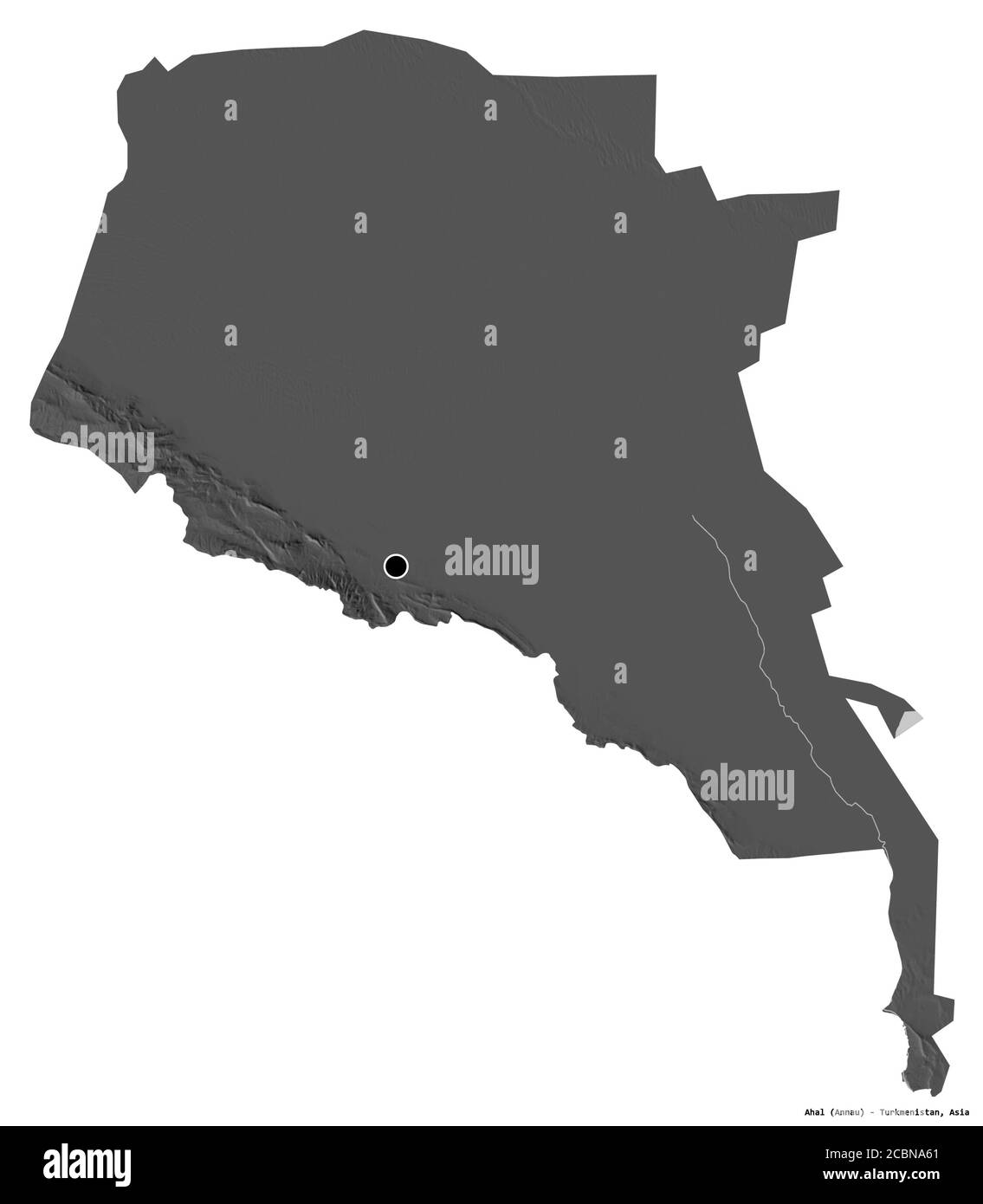 Form von Ahal, Provinz Turkmenistan, mit seiner Hauptstadt isoliert auf weißem Hintergrund. Höhenkarte mit zwei Ebenen. 3D-Rendering Stockfoto