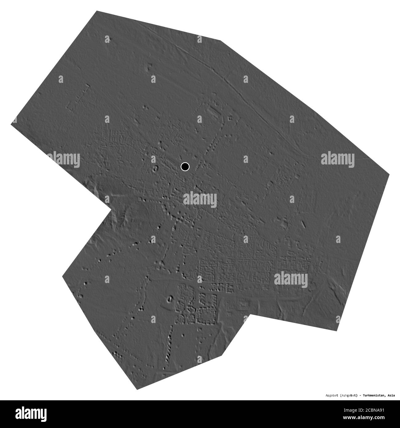 Form von Aşgabat, unabhängige Stadt von Turkmenistan, mit seiner Hauptstadt isoliert auf weißem Hintergrund. Höhenkarte mit zwei Ebenen. 3D-Rendering Stockfoto