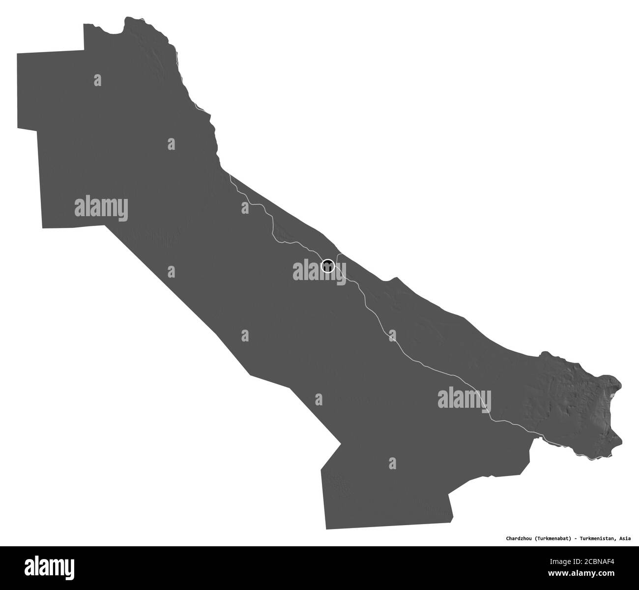 Form von Chardzhou, Provinz Turkmenistan, mit seiner Hauptstadt isoliert auf weißem Hintergrund. Höhenkarte mit zwei Ebenen. 3D-Rendering Stockfoto