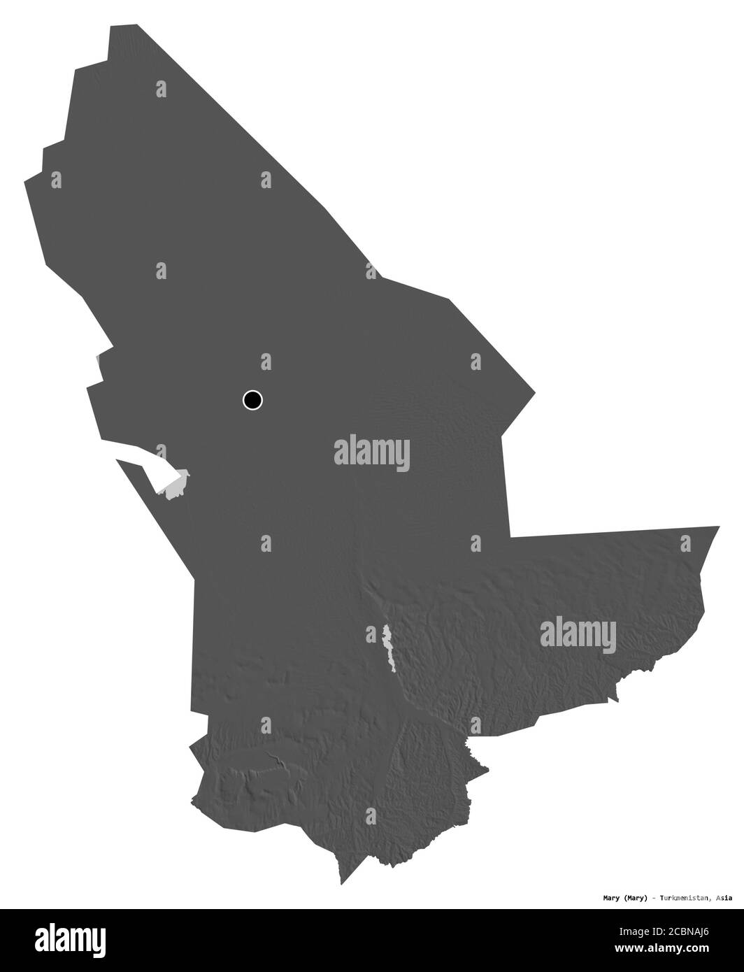 Form der Maria, Provinz Turkmenistan, mit seiner Hauptstadt isoliert auf weißem Hintergrund. Höhenkarte mit zwei Ebenen. 3D-Rendering Stockfoto