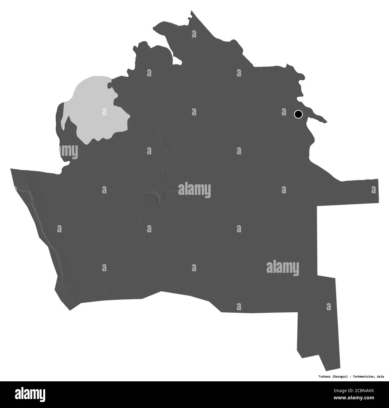 Form von Tashauz, Provinz Turkmenistan, mit seiner Hauptstadt isoliert auf weißem Hintergrund. Höhenkarte mit zwei Ebenen. 3D-Rendering Stockfoto