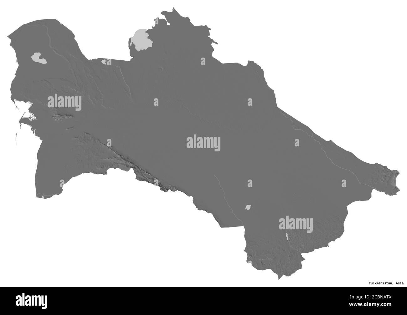 Form von Turkmenistan mit seiner Hauptstadt isoliert auf weißem Hintergrund. Höhenkarte mit zwei Ebenen. 3D-Rendering Stockfoto