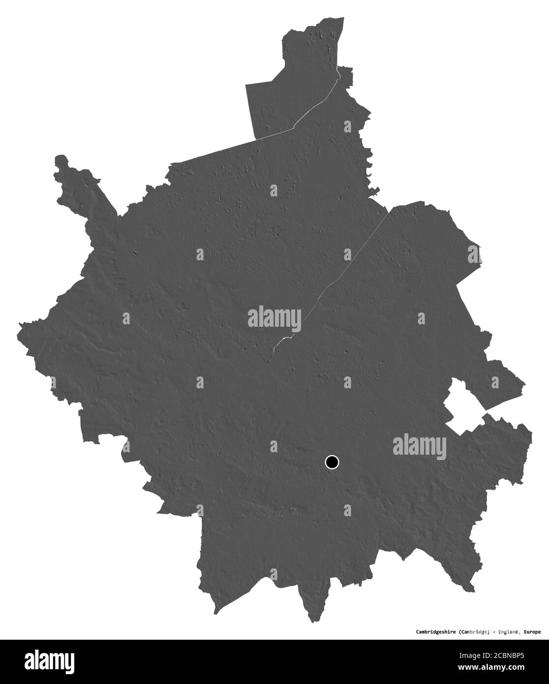 Form von Cambridgeshire, Verwaltungsbezirk von England, mit seiner Hauptstadt isoliert auf weißem Hintergrund. Höhenkarte mit zwei Ebenen. 3D-Rendering Stockfoto