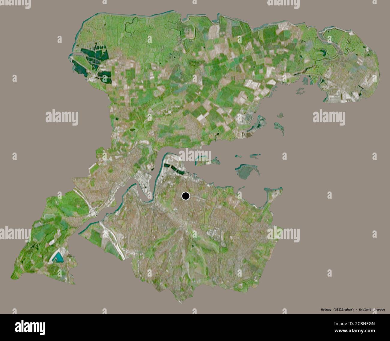 Form von Medway, einheitliche Autorität von England, mit seiner Hauptstadt isoliert auf einem einfarbigen Hintergrund. Satellitenbilder. 3D-Rendering Stockfoto