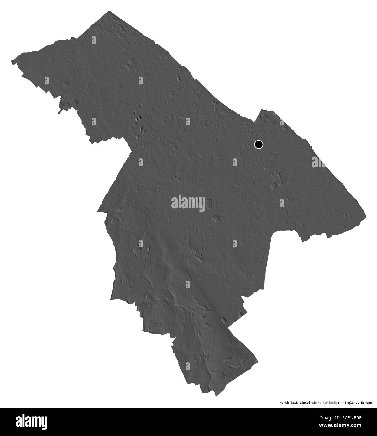 Form von North East Lincolnshire, einheitliche Autorität von England, mit seiner Hauptstadt isoliert auf weißem Hintergrund. Höhenkarte mit zwei Ebenen. 3D-Rendering Stockfoto