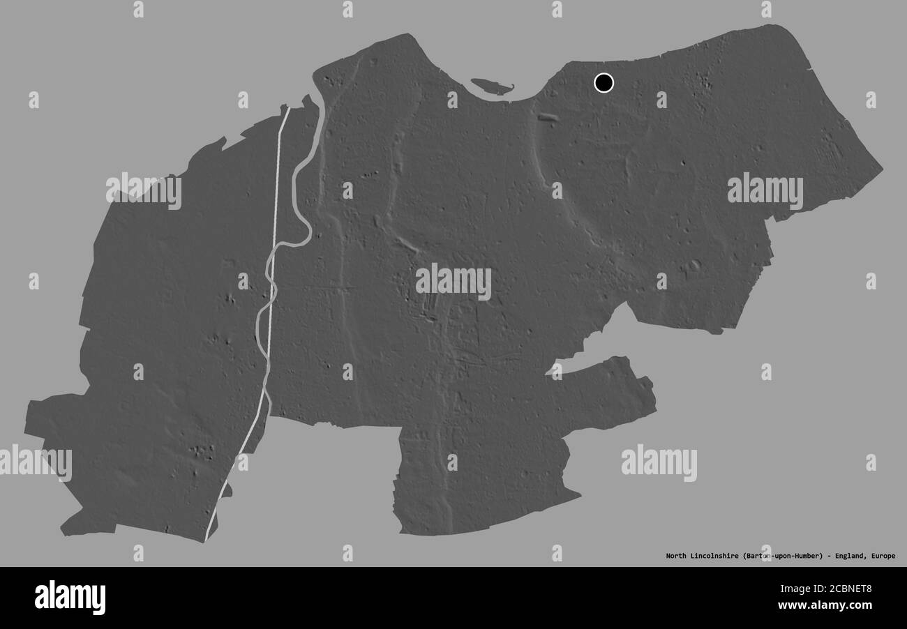 Form von North Lincolnshire, einheitliche Autorität von England, mit seiner Hauptstadt isoliert auf einem soliden Farbhintergrund. Höhenkarte mit zwei Ebenen. 3D-Rendering Stockfoto