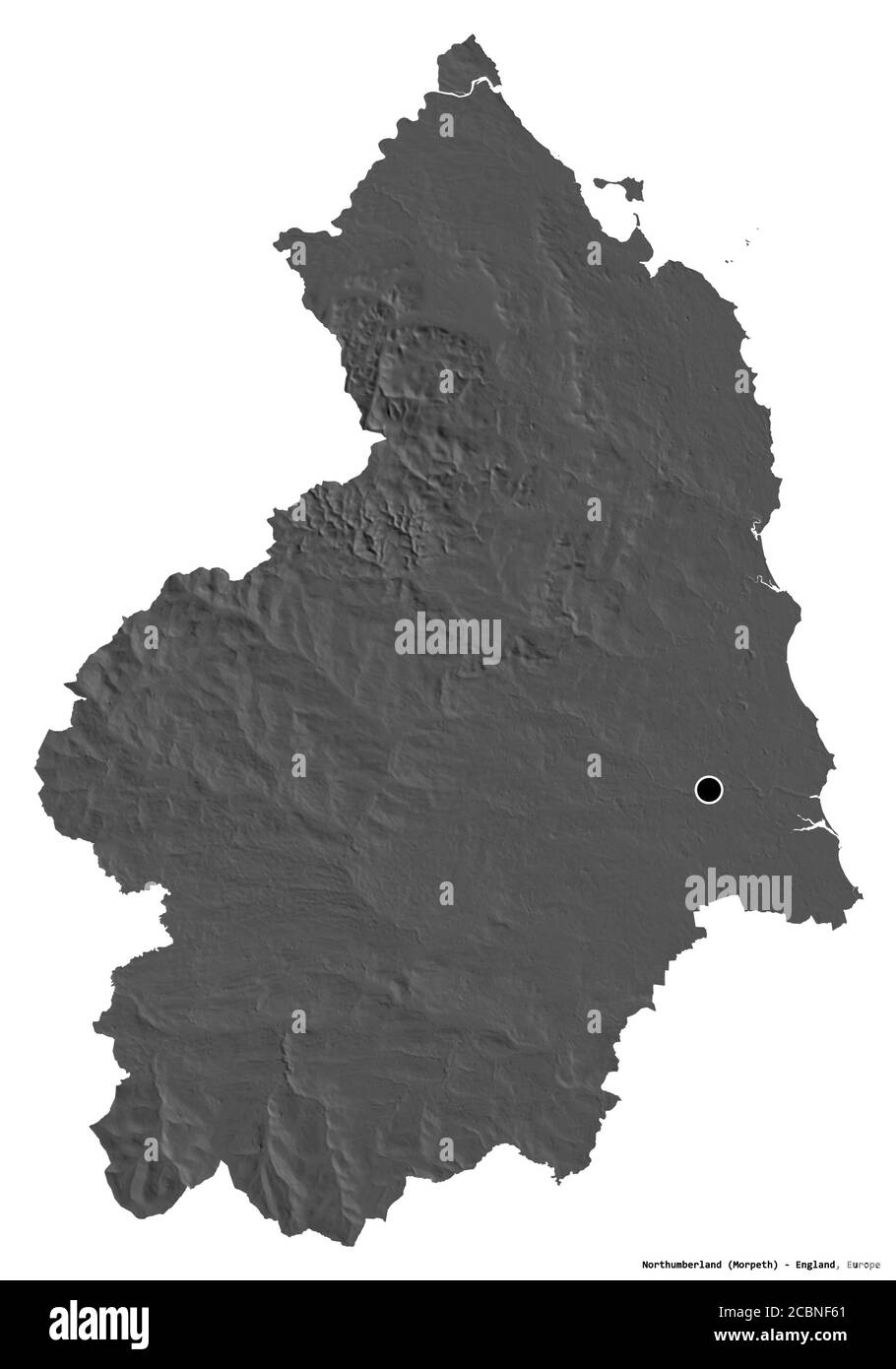 Form von Northumberland, Verwaltungsbezirk von England, mit seiner Hauptstadt isoliert auf weißem Hintergrund. Höhenkarte mit zwei Ebenen. 3D-Rendering Stockfoto