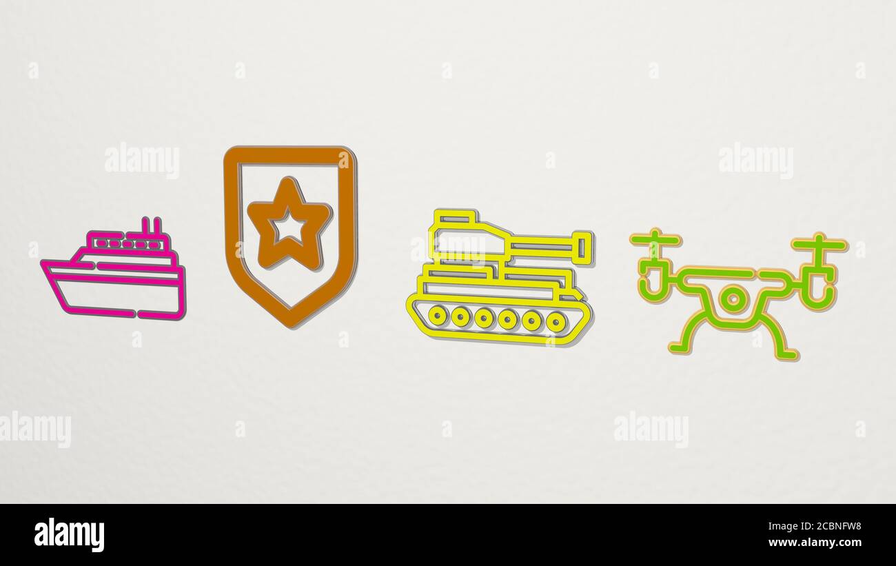 ARMEE 4 Icons Set, 3D-Illustration für Militär und Hintergrund Stockfoto
