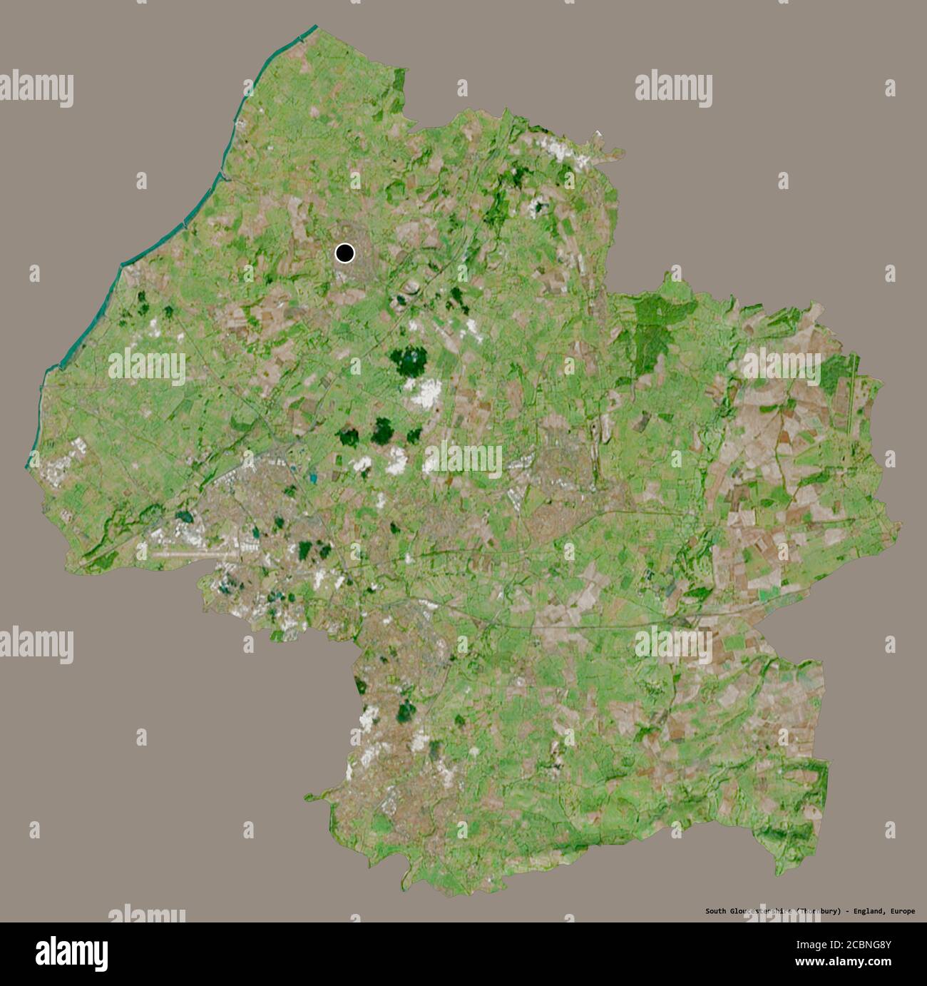 Form von South Gloucestershire, einheitliche Autorität von England, mit seiner Hauptstadt isoliert auf einem soliden Farbhintergrund. Satellitenbilder. 3D-Rendering Stockfoto