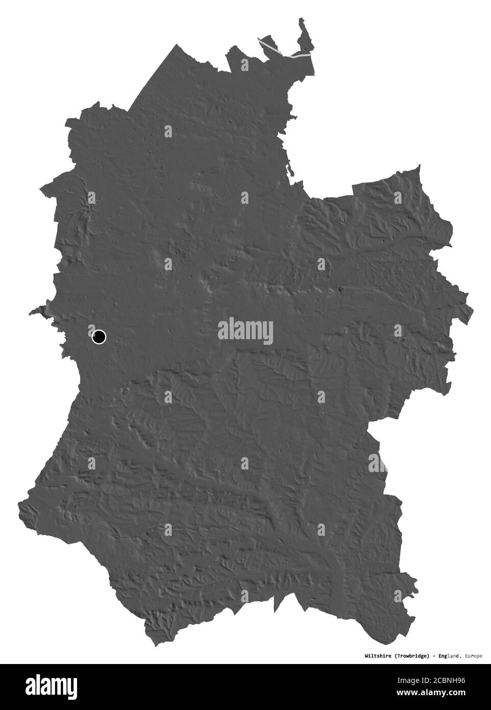 Form von Wiltshire, Verwaltungsbezirk von England, mit seiner Hauptstadt isoliert auf weißem Hintergrund. Höhenkarte mit zwei Ebenen. 3D-Rendering Stockfoto