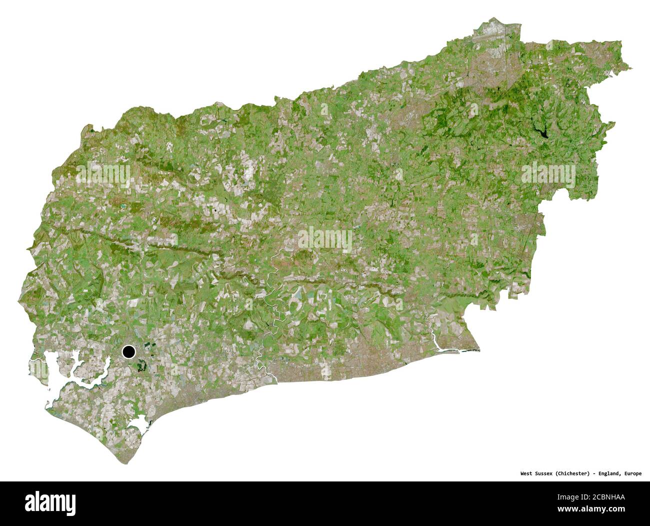 Form von West Sussex, Verwaltungsbezirk von England, mit seiner Hauptstadt isoliert auf weißem Hintergrund. Satellitenbilder. 3D-Rendering Stockfoto