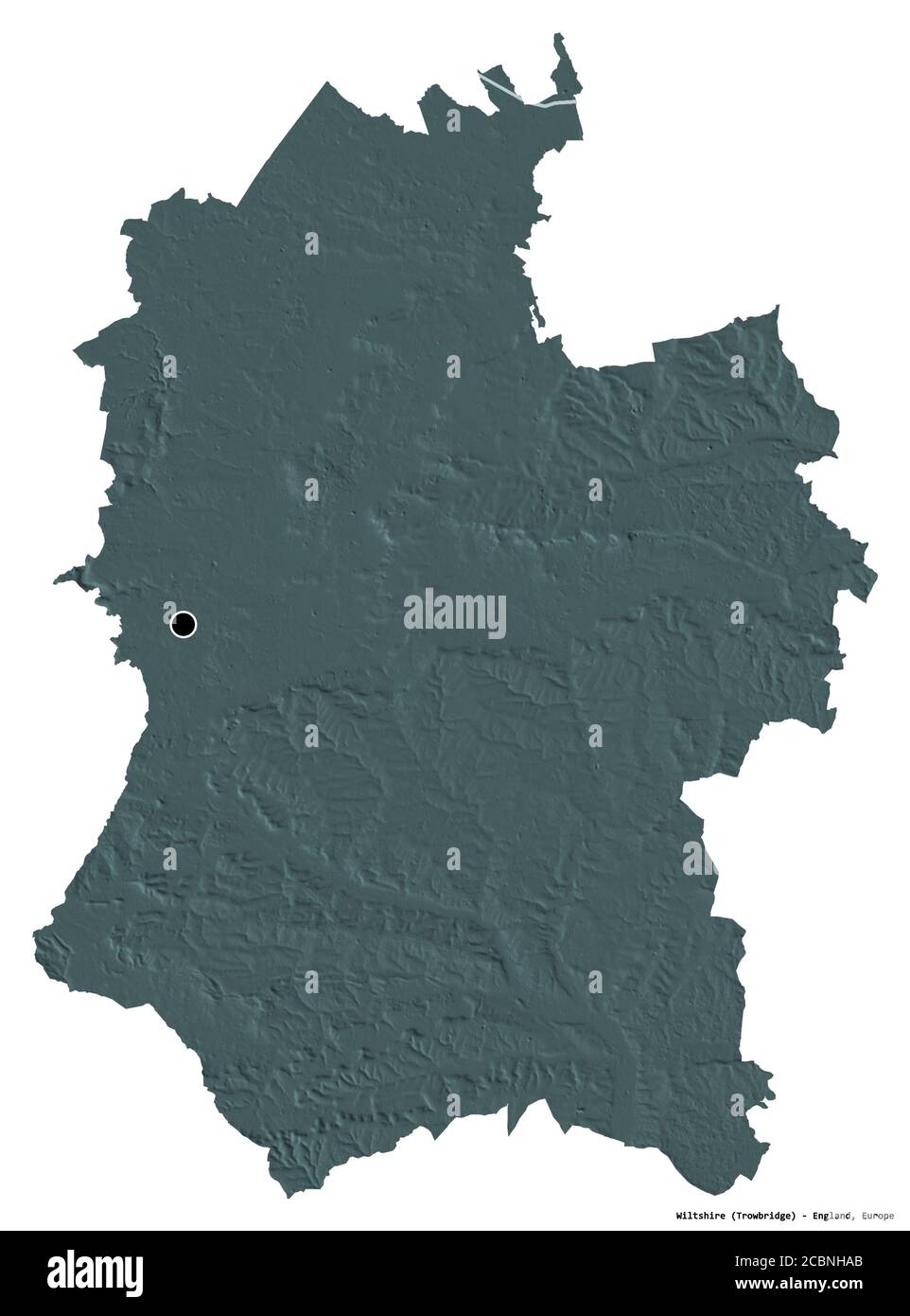 Form von Wiltshire, Verwaltungsbezirk von England, mit seiner Hauptstadt isoliert auf weißem Hintergrund. Farbige Höhenkarte. 3D-Rendering Stockfoto