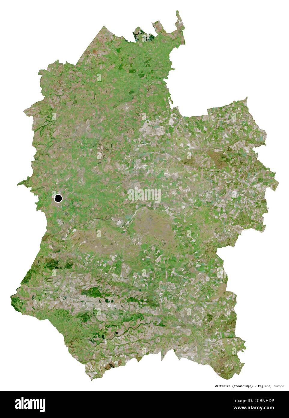 Form von Wiltshire, Verwaltungsbezirk von England, mit seiner Hauptstadt isoliert auf weißem Hintergrund. Satellitenbilder. 3D-Rendering Stockfoto