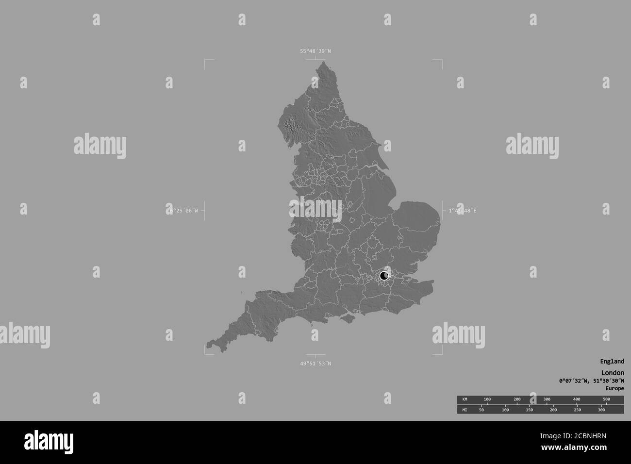 Gebiet von England isoliert auf einem soliden Hintergrund in einem georeferenzierten Begrenzungsrahmen. Regionale Hauptabteilung, Entfernungsskala, Beschriftungen. Höhenkarte mit zwei Ebenen. Stockfoto