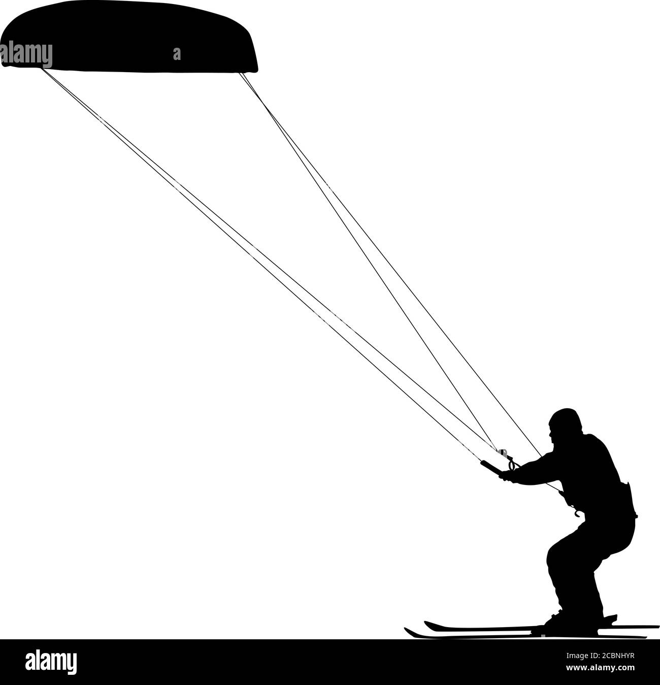 Silhouettes Kite Surfer Ride auf Snowboard auf weißem Hintergrund. Stock Vektor