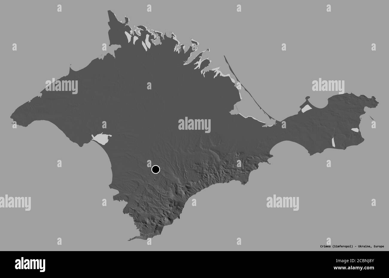 Form der Krim, autonome republik Ukraine, mit seiner Hauptstadt isoliert auf einem einfarbigen Hintergrund. Höhenkarte mit zwei Ebenen. 3D-Rendering Stockfoto