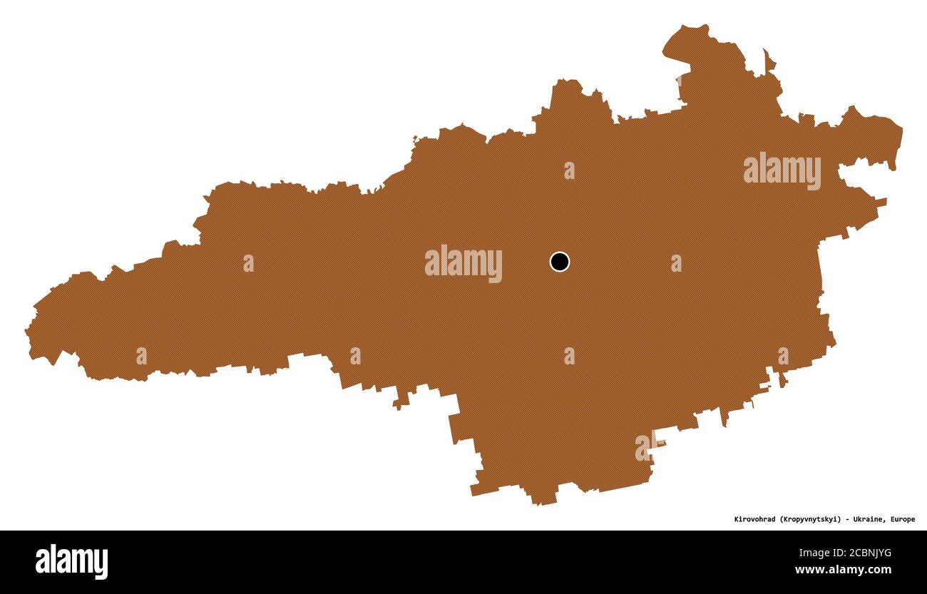 Form von Kirovohrad, Region der Ukraine, mit seiner Hauptstadt isoliert auf weißem Hintergrund. Komposition von gemusterten Texturen. 3D-Rendering Stockfoto