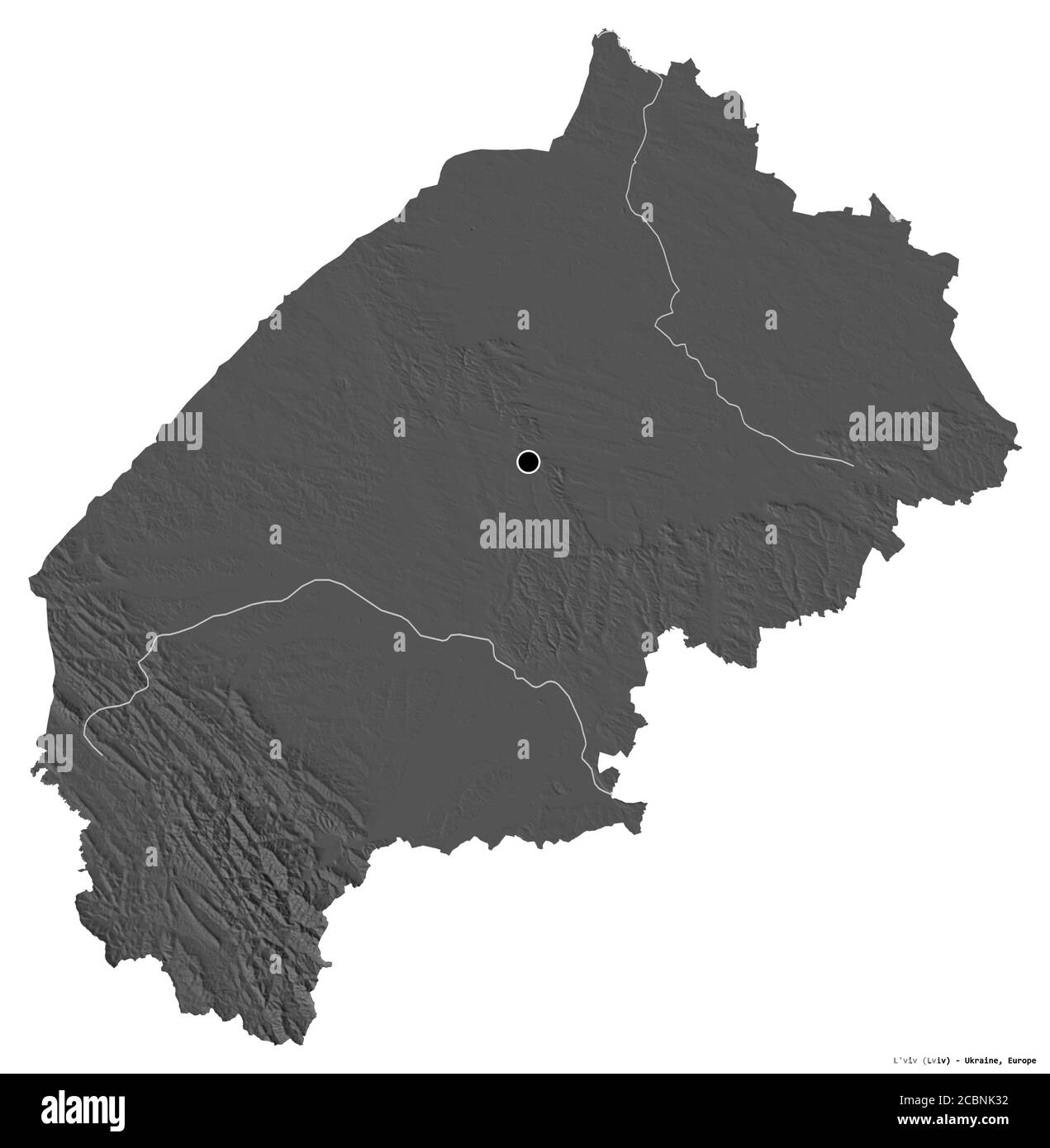 Form von L'viv, Region der Ukraine, mit seiner Hauptstadt isoliert auf weißem Hintergrund. Höhenkarte mit zwei Ebenen. 3D-Rendering Stockfoto