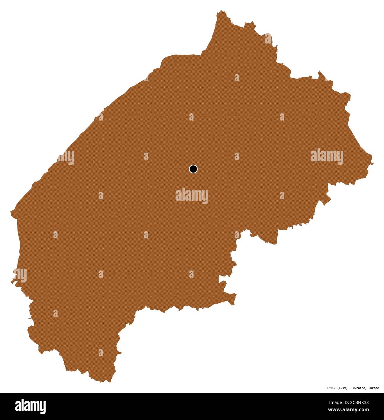 Form von L'viv, Region der Ukraine, mit seiner Hauptstadt isoliert auf weißem Hintergrund. Komposition von gemusterten Texturen. 3D-Rendering Stockfoto