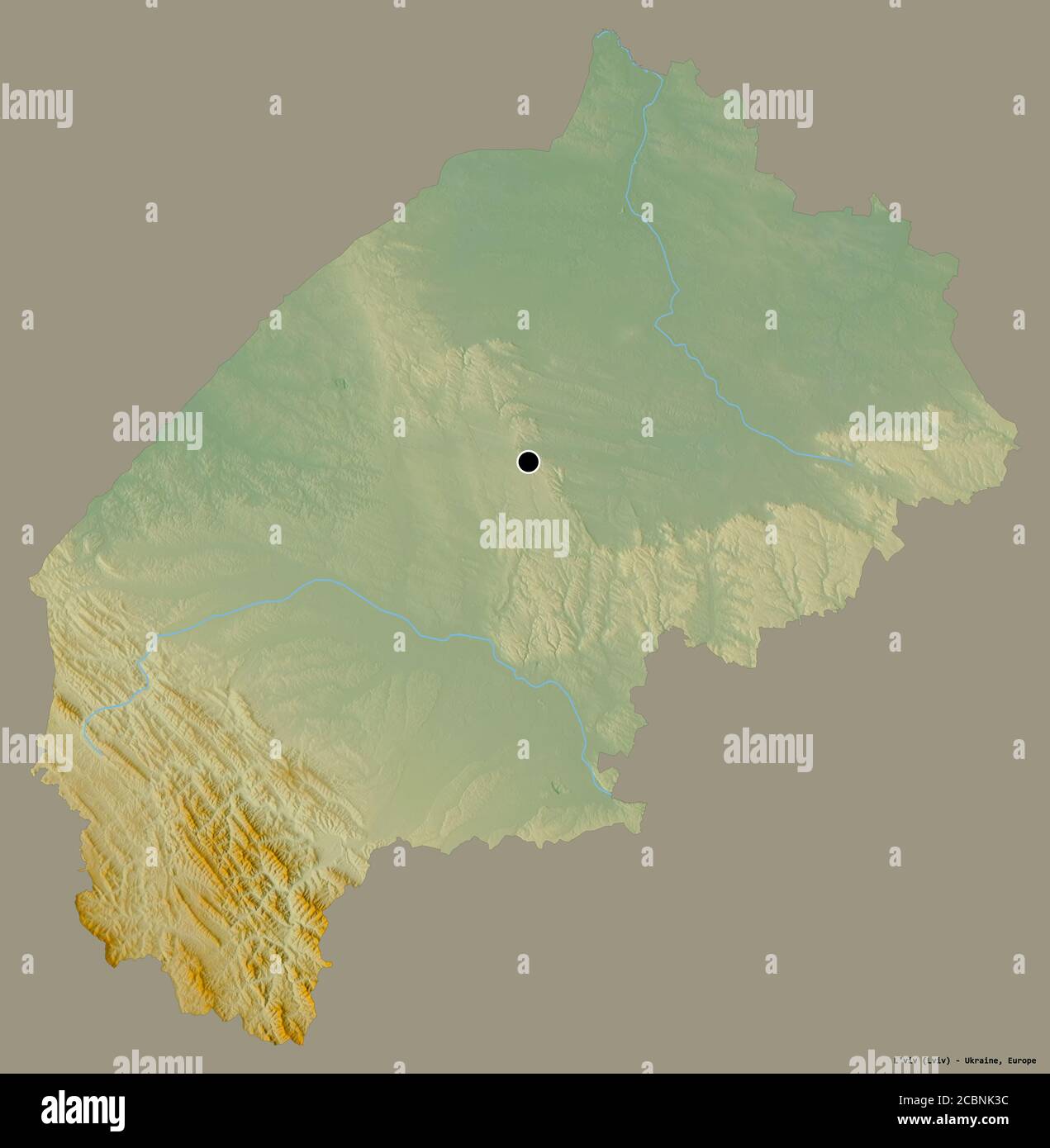 Form von L'viv, Region der Ukraine, mit seiner Hauptstadt isoliert auf einem einfarbigen Hintergrund. Topografische Reliefkarte. 3D-Rendering Stockfoto