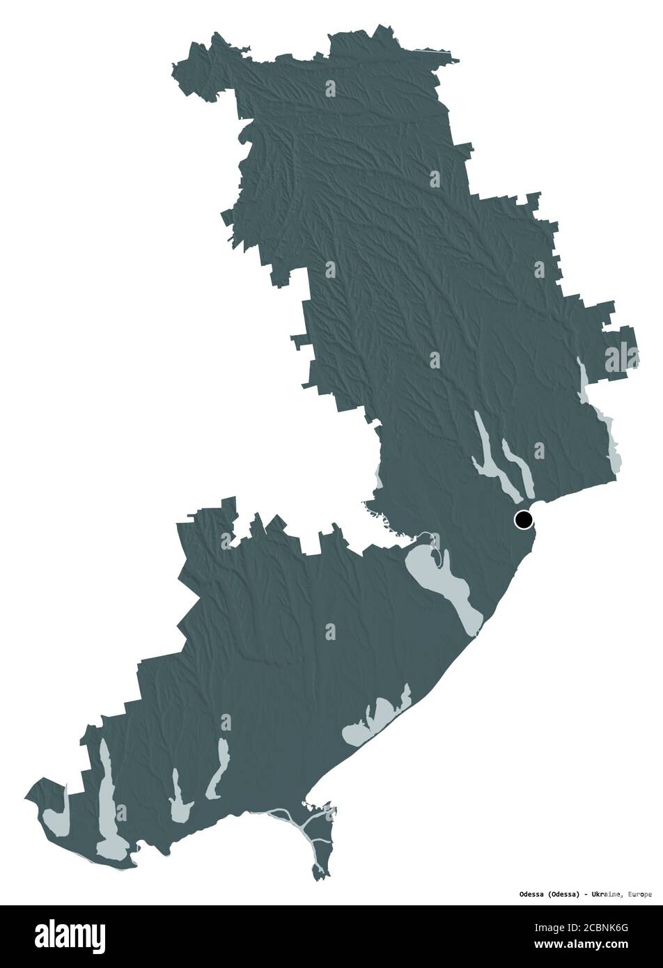 Form von Odessa, Region der Ukraine, mit seiner Hauptstadt isoliert auf weißem Hintergrund. Farbige Höhenkarte. 3D-Rendering Stockfoto