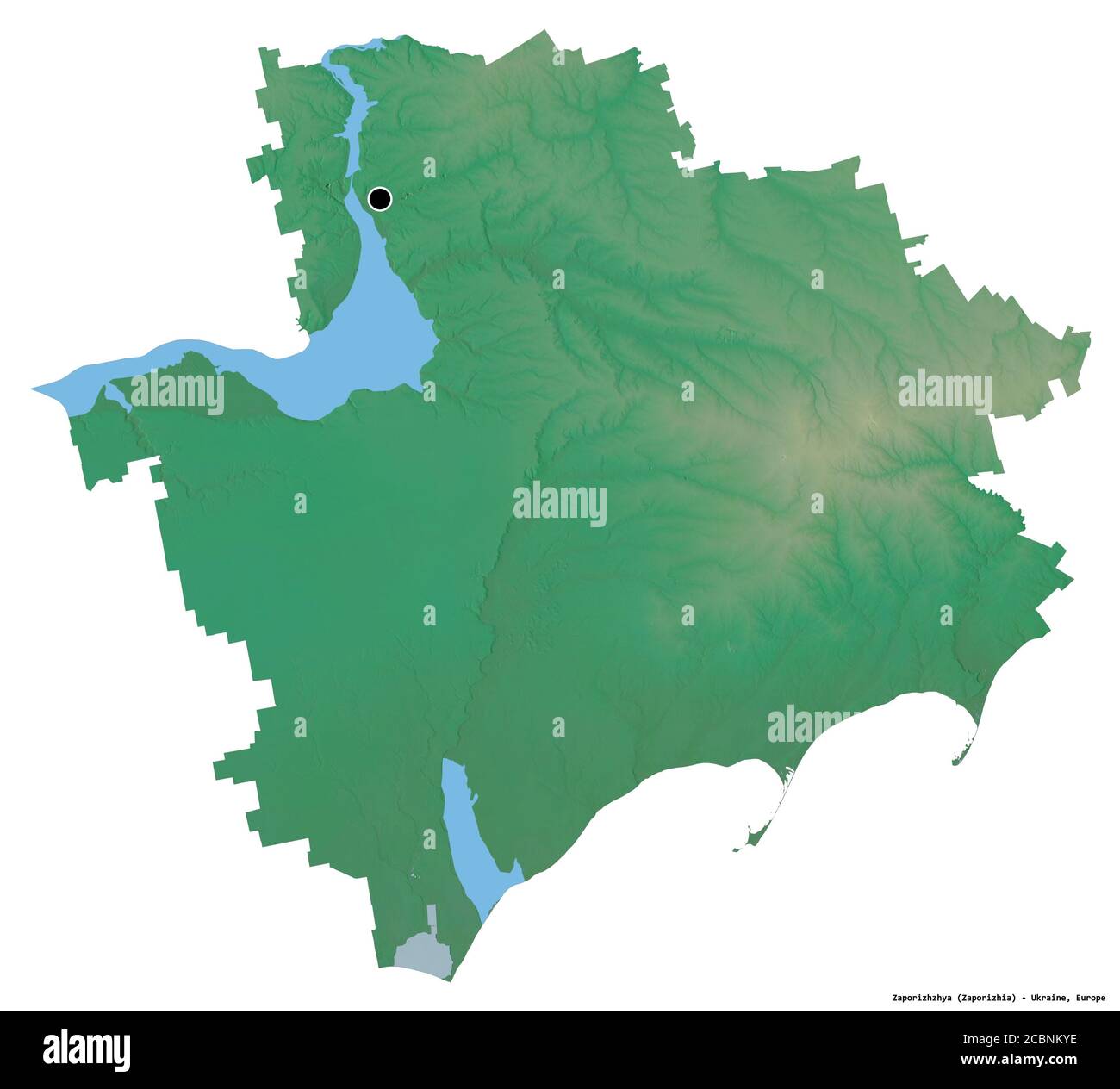 Form von Zaporizhzhya, Region der Ukraine, mit seiner Hauptstadt isoliert auf weißem Hintergrund. Topografische Reliefkarte. 3D-Rendering Stockfoto