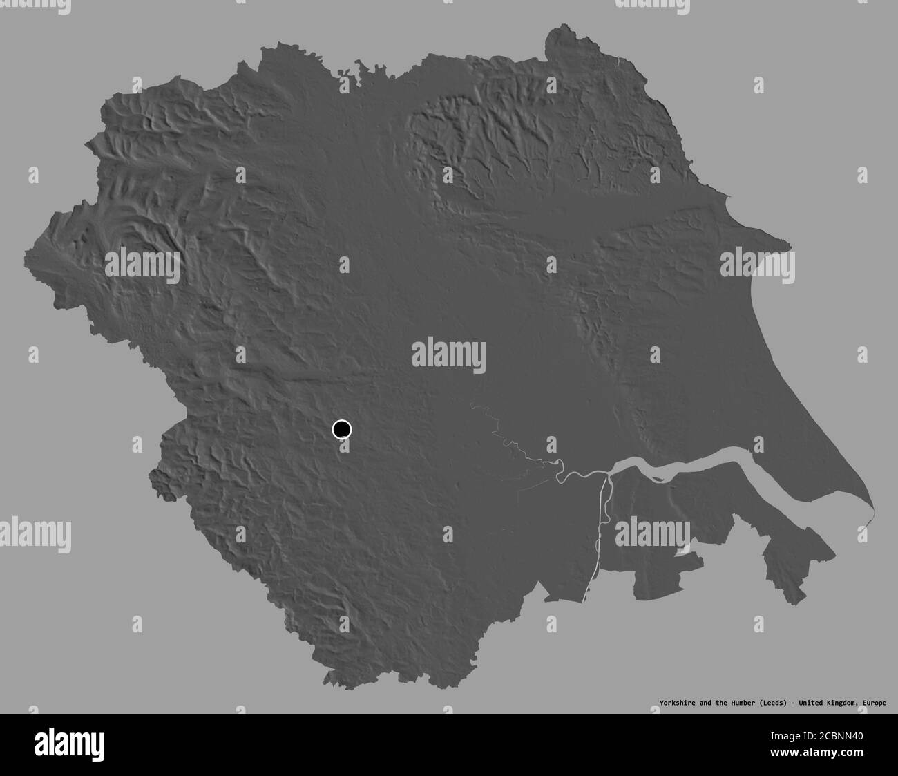 Form von Yorkshire und Humber, Region von Großbritannien, mit seiner Hauptstadt isoliert auf einem einfarbigen Hintergrund. Höhenkarte mit zwei Ebenen. 3D-Renderin Stockfoto