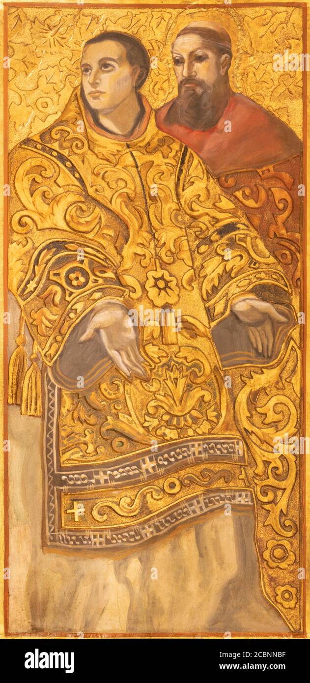 BARCELONA, SPANIEN - 3. MÄRZ 2020: Das Gemälde des heiligen Ephrem der Syrer und Bonaventura in der Kirche Santuario Nuestra Senora del Sagrado Corazon Stockfoto