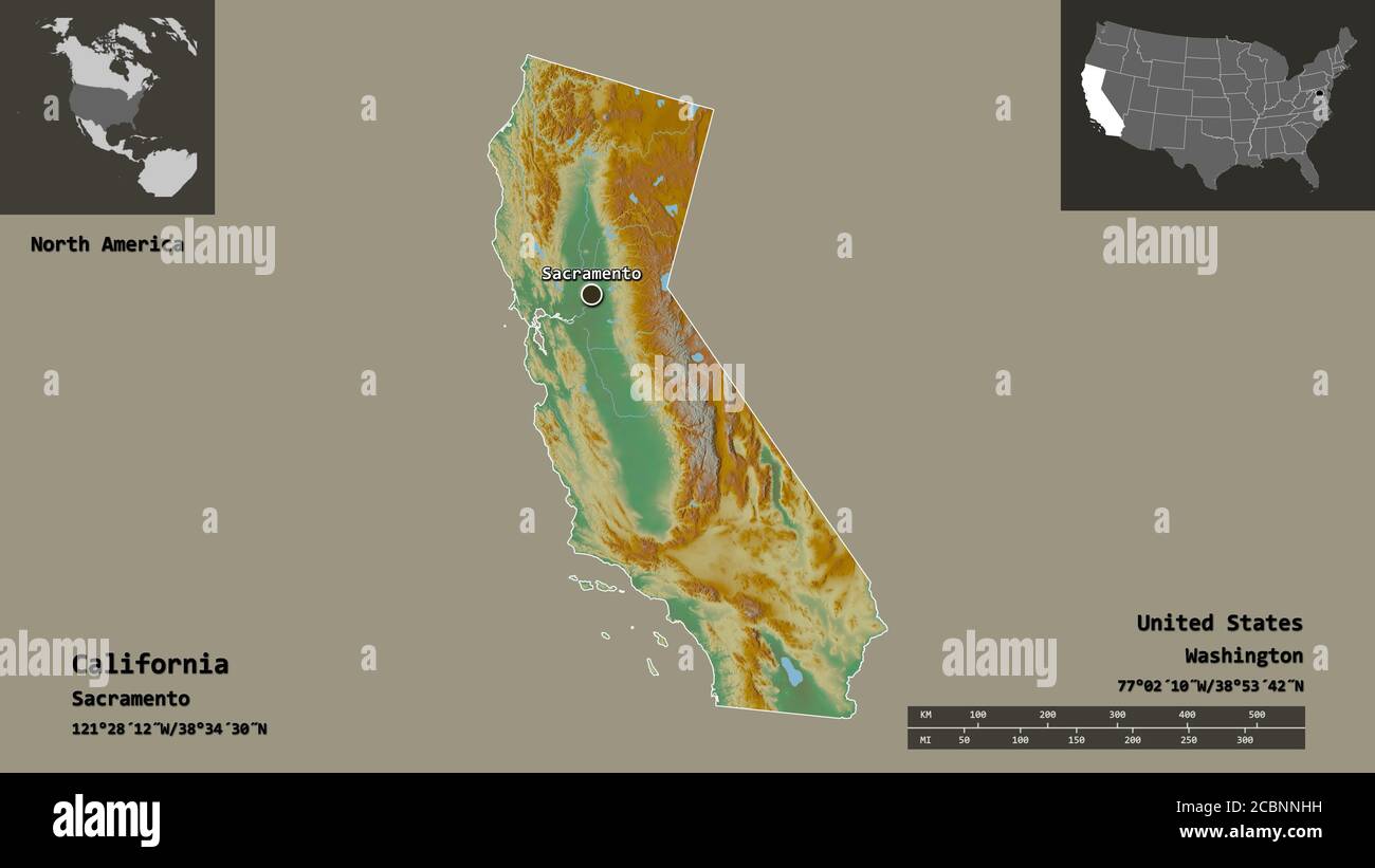 Form von Kalifornien, Staat von Festland USA, und seine Hauptstadt. Entfernungsskala, Vorschauen und Beschriftungen. Topografische Reliefkarte. 3D-Rendering Stockfoto