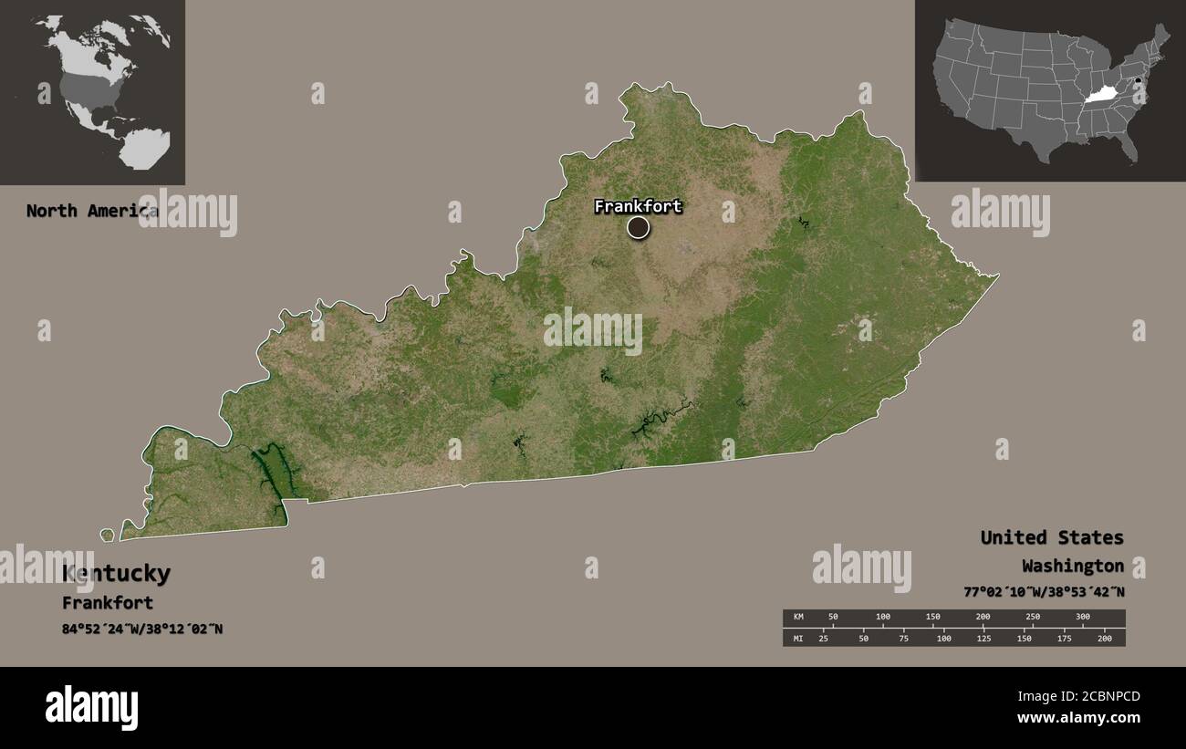 Form von Kentucky, Bundesstaat der Vereinigten Staaten von Festland, und seine Hauptstadt. Entfernungsskala, Vorschauen und Beschriftungen. Satellitenbilder. 3D-Rendering Stockfoto