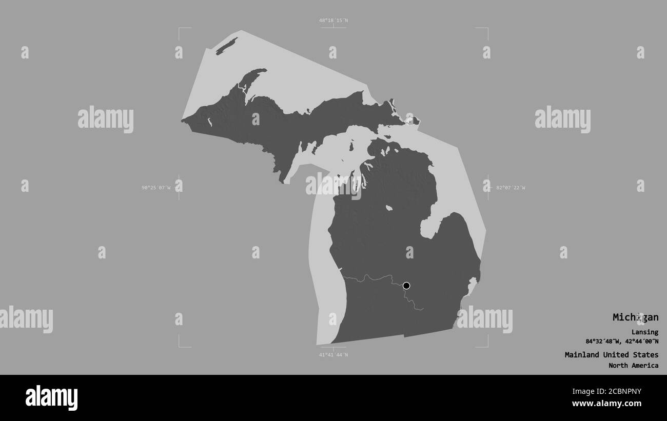 Gebiet von Michigan, Bundesstaat Festland USA, isoliert auf einem soliden Hintergrund in einem georeferenzierten Begrenzungsrahmen. Beschriftungen. Höhenkarte mit zwei Ebenen. 3D r Stockfoto