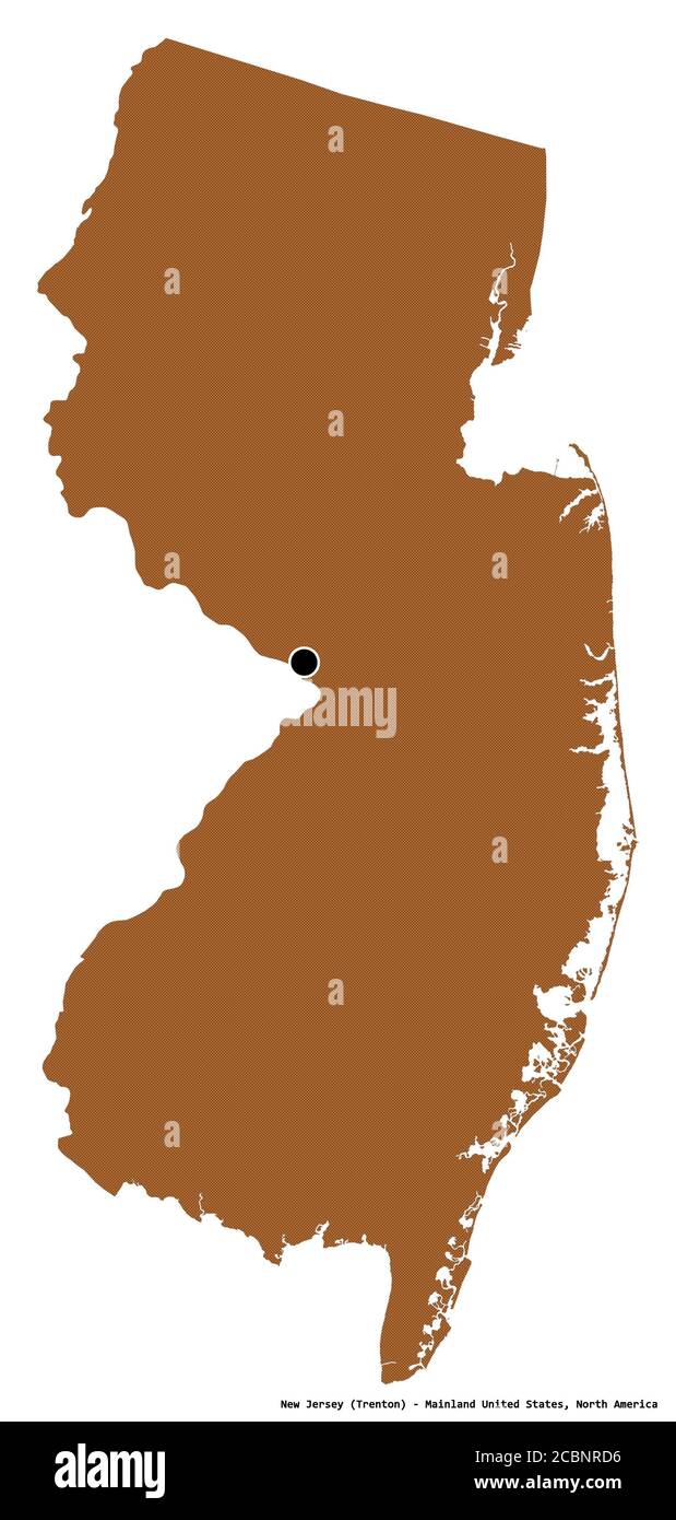 Form von New Jersey, Bundesstaat Festland USA, mit seiner Hauptstadt isoliert auf weißem Hintergrund. Komposition von gemusterten Texturen. 3D-Rendering Stockfoto