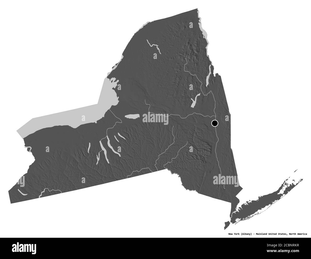 Form von New York, Staat des Festlandes Vereinigte Staaten, mit seiner Hauptstadt isoliert auf weißem Hintergrund. Höhenkarte mit zwei Ebenen. 3D-Rendering Stockfoto