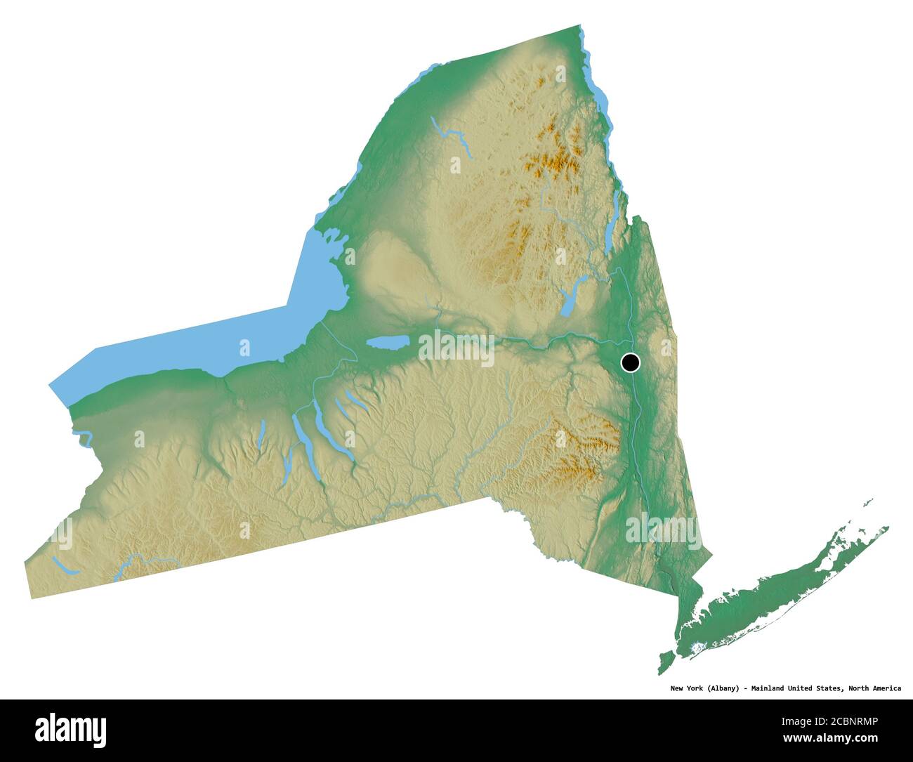 Form von New York, Staat des Festlandes Vereinigte Staaten, mit seiner Hauptstadt isoliert auf weißem Hintergrund. Topografische Reliefkarte. 3D-Rendering Stockfoto