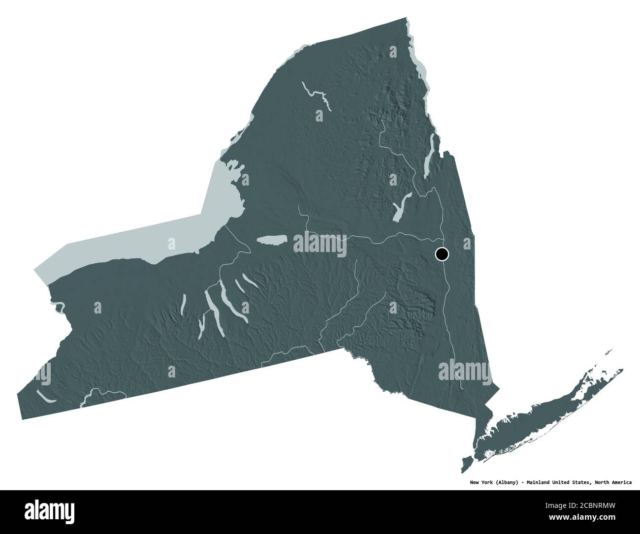 Form von New York, Staat des Festlandes Vereinigte Staaten, mit seiner Hauptstadt isoliert auf weißem Hintergrund. Farbige Höhenkarte. 3D-Rendering Stockfoto