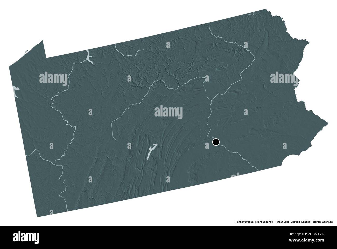 Form von Pennsylvania, Staat des Festlandes USA, mit seiner Hauptstadt isoliert auf weißem Hintergrund. Farbige Höhenkarte. 3D-Rendering Stockfoto