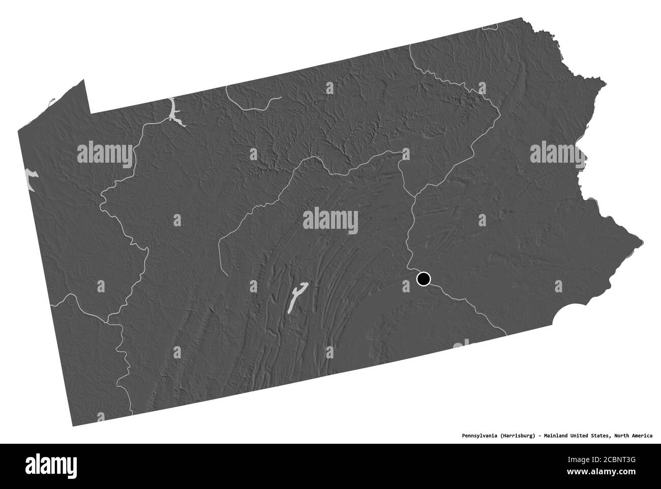 Form von Pennsylvania, Staat des Festlandes USA, mit seiner Hauptstadt isoliert auf weißem Hintergrund. Höhenkarte mit zwei Ebenen. 3D-Rendering Stockfoto