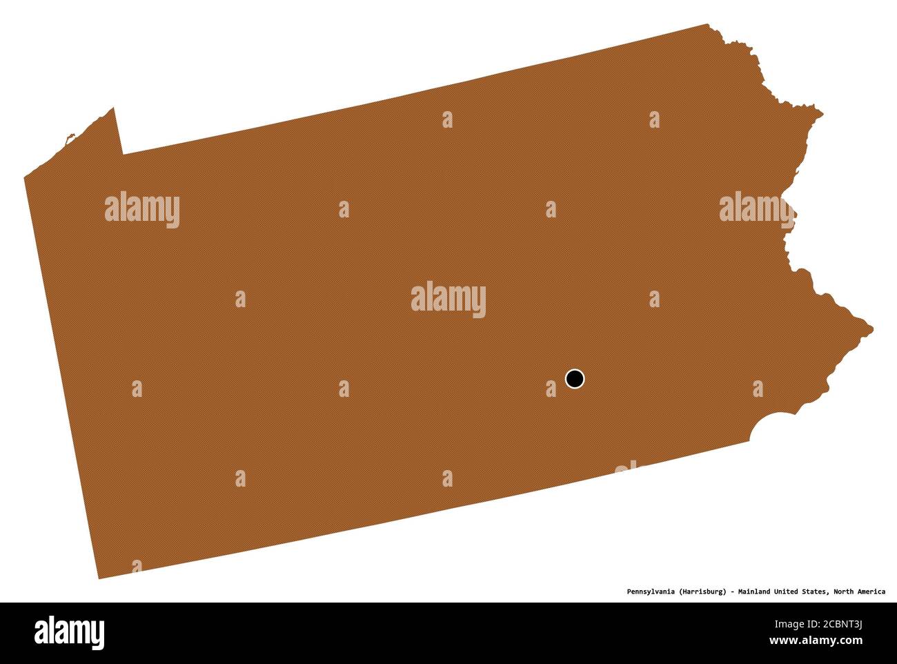 Form von Pennsylvania, Staat des Festlandes USA, mit seiner Hauptstadt isoliert auf weißem Hintergrund. Komposition von gemusterten Texturen. 3D-Rendering Stockfoto